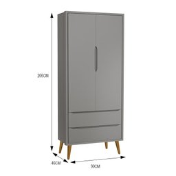 Jogo de Quarto Infantil Theo Retrô Guarda Roupa 2 Portas e Cômoda 1 Porta Cinza com Pés Amadeirado - - 2