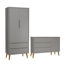 Jogo de Quarto Infantil Theo Retrô Guarda Roupa 2 Portas e Cômoda 1 Porta Cinza com Pés Amadeirado - - 1