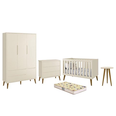 Dormitório Infantil Theo Retrô 3 Portas, Cômoda, Berço, Mesa de Apoio Areia Fosco com Pés