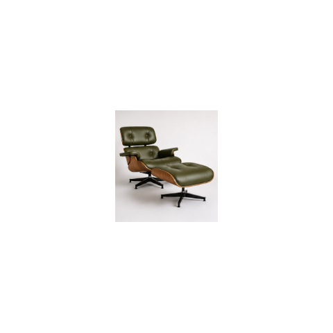 Poltrona Charles Eames com Puff - Freijó em Couro Verde Militar