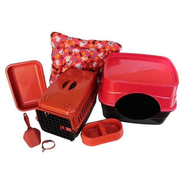 Kit toca para gatos caixa de transporte N2 colchonete + Bride - Vermelho - 1