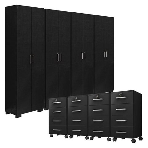 Kit 4 Gaveteiros para Escritório Gávea com Chave e 4 Livreiros Office Portas Grandes Preto Fosco – M
