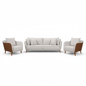 Conjunto Sofá Living Hórus e Poltronas Tecido Composê Linho Cru e Marrom Terracota 2,00m