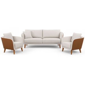 Conjunto Sofá Living Hórus e Poltronas Tecido Composê Linho Cru e Marrom Terracota 2,00m