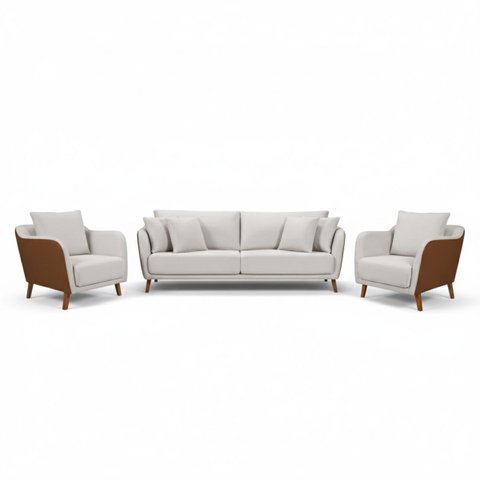 Conjunto Sofá Living Hórus e Duas Poltronas Tecido Composê Linho Cru e Marrom Terracota 2,00m