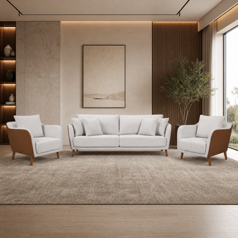 Kit Conjunto Sofá Living Hórus e Duas Poltronas Tecido Composê Linho Cru e Marrom Terracota 2,00m