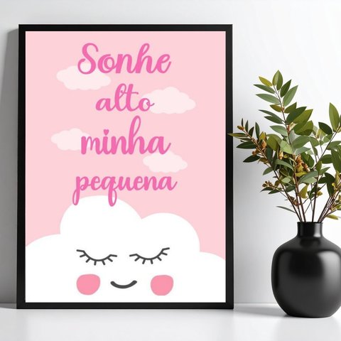 Quadro Infantil Sonhe Alto - Nuvem Rosa 24x18cm:moldura Preta