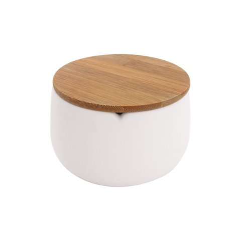Pote Saleiro Açucareiro em Cerâmica Branco e Tampa Bambu Mimo Style