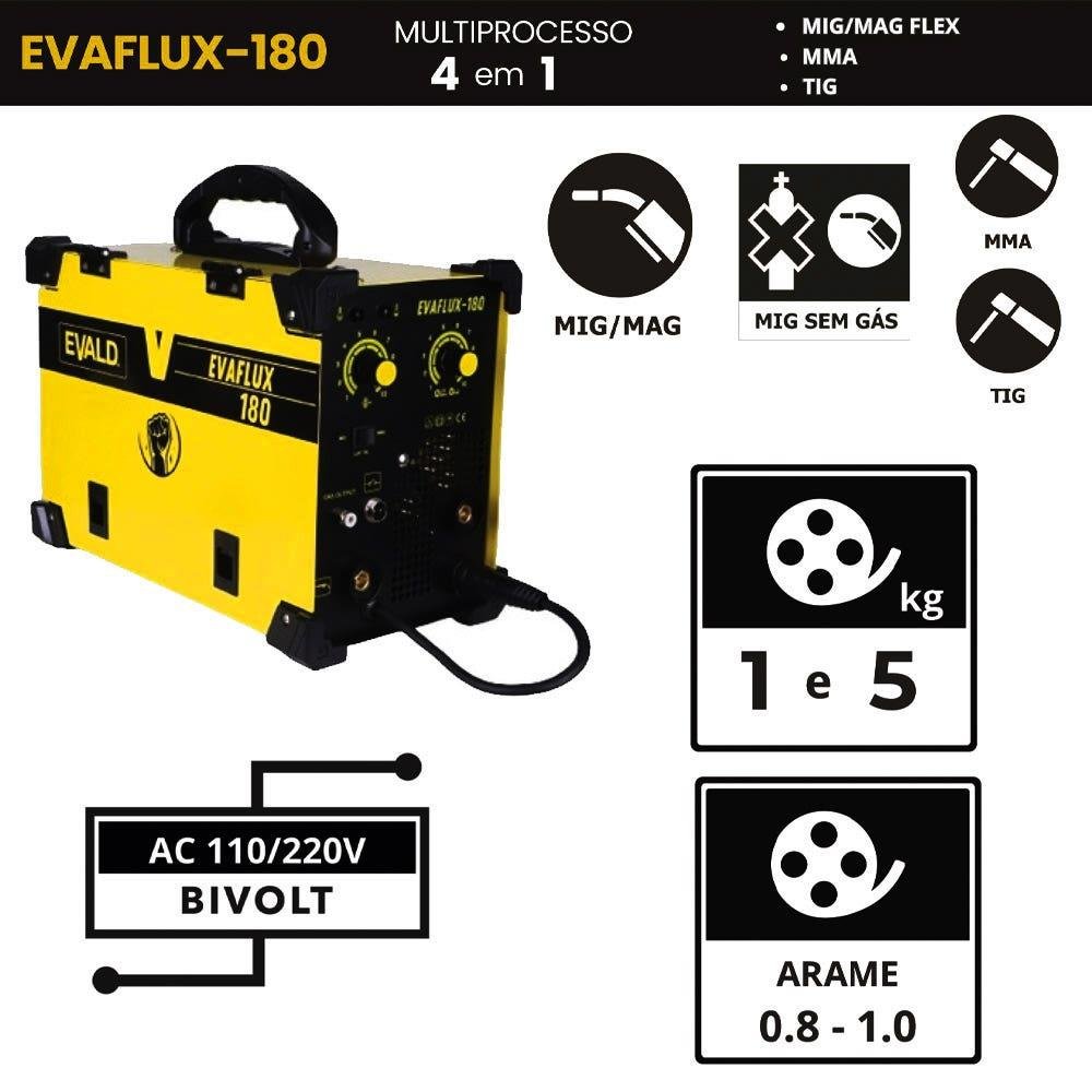 Máquina de Solda Multiprocesso Mig, Mig sem Gás, Tig e Eletrodo Evaflux-180 Bivolt Evald-bivolt - 3