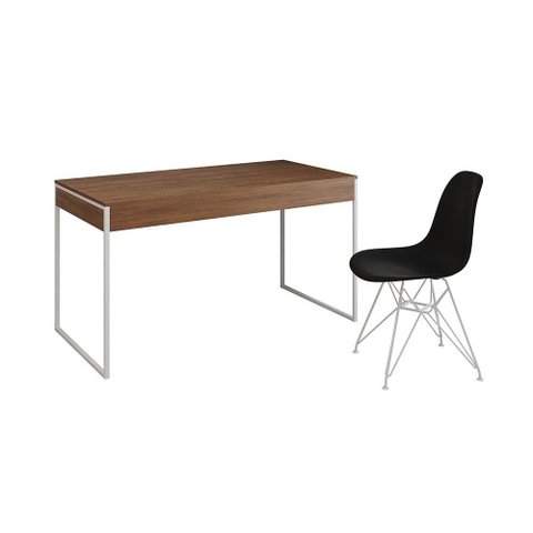Escrivaninha Industrial Escritório Malta Canela com 1 Cadeira Eames Eiffel Preta Base Ferro Marrom
