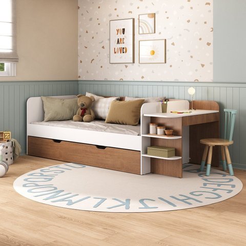 Cama de Solteiro Funcional Infantil com Escrivaninha e Cama Auxiliar 100% MDF Premium Helena Branco/Castanho