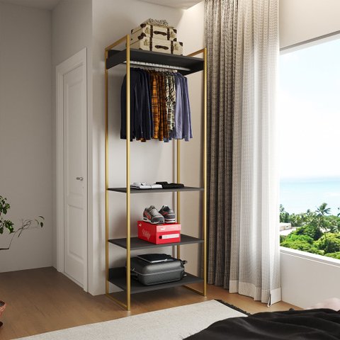 Closet Modulado Estilo Industrial Solteiro Loft Preto Cabideiro Base Dourada