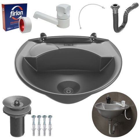 Pia Lavatório 4l Cinza + Sifão Sanfonado Universal + Torneira Branca + Engate Branco + Veda Rosca