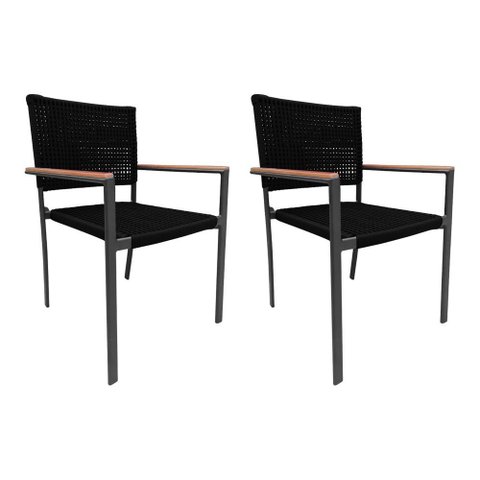 Kit 2 Cadeiras Piracicaba Corda Náutica Braço com Detalhe em Madeira Base Alumínio Preto/preto