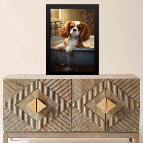 Quadro para Banheiro Cão Charles Spaniel 24x18cm - com Vidro:moldura Preta