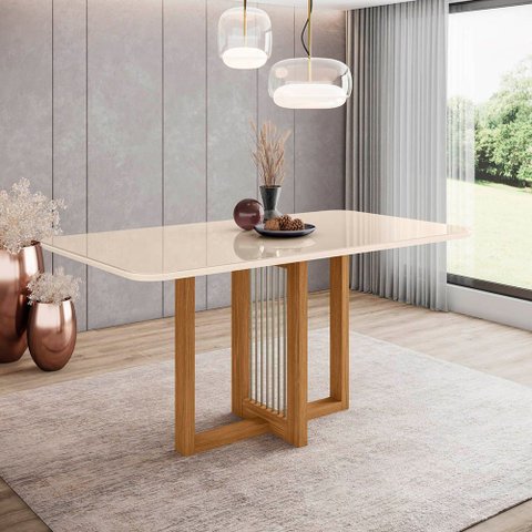 Mesa de Jantar 160cm Retangular 6 Lugares com Vidro Canto Arredondado Natalí Henn