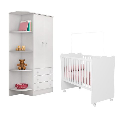 Berço Simples com Colchão Probel e Roupeiro 825 para Quarto de Bebê Infantil Doce Sonho Branco Qmovi