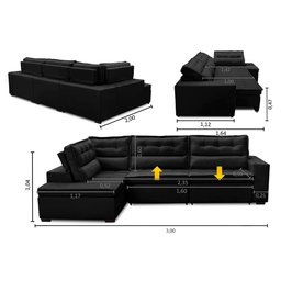Sofá de Canto Retrátil e Reclinável com Molas LE 3,00x2,00m Viviane Suede Preto Madelina Decor - 2