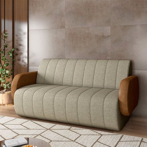 Sofá Decorativo Living Sala de Estar Bornéu 148cm Pés de Madeira Pu/linho Caramelo/bege Escuro G33 -