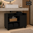 Ver imagem 1 de Gabinete Banheiro com Rodinhas 60cm MDP Porta Madeira 2 Nichos Preto