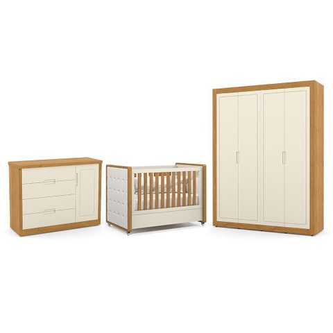 Dormitório Tutto New 4 Portas, Cômoda 1 Porta e Berço Off White/freijó com Capitonê - Matic Mó