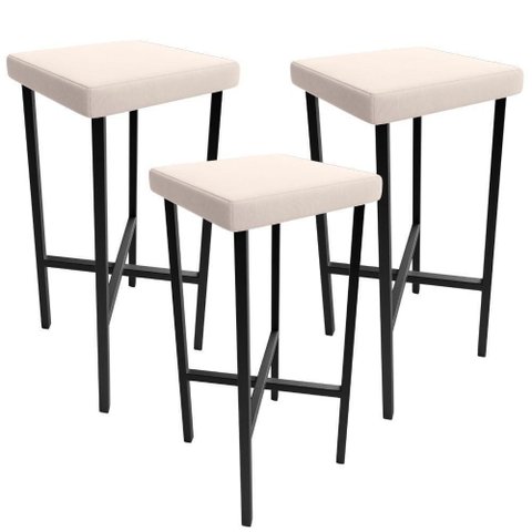 Kit 03 Banquetas Alta Bar Cozinha Sala de Jantar Preto Stella L02 Suede Bege - Lyam Decor