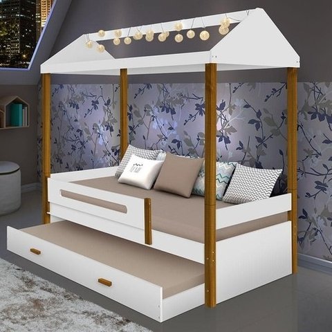 Cama Casa Sara Branco/Mel com Cama Auxiliar com 2 colchões e LED