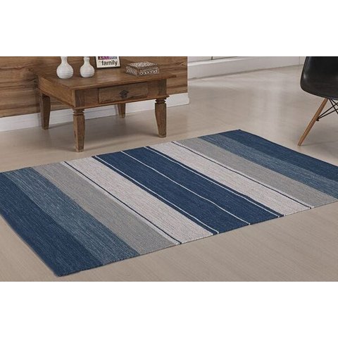 Tapete Indiano Kilim - Basar - 1,00m X 1,40m - 100% Algodão - Azul - Niazitex