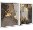 Ver imagem 2 de Kit 2 Quadros Abstratos Marmore Dourado Marrom 24x18cm - com Vidro:moldura Preta