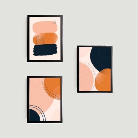 Kit 3 Quadros Abstratos Marrom com Preto 45x34cm - com vidro:Madeira preta