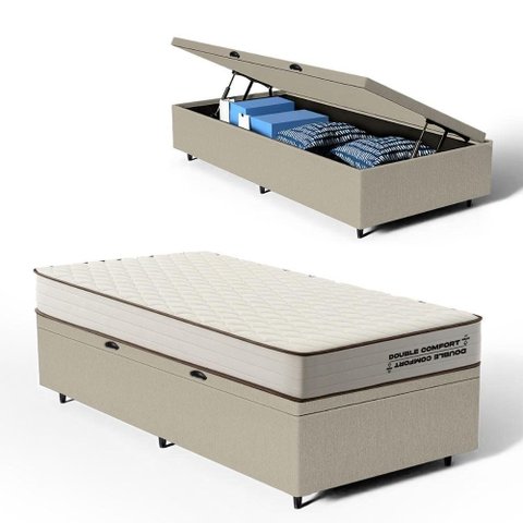 Cama Box Baú Solteiro com Colchão de Espuma D45 Double Comfort 88x188x62cm