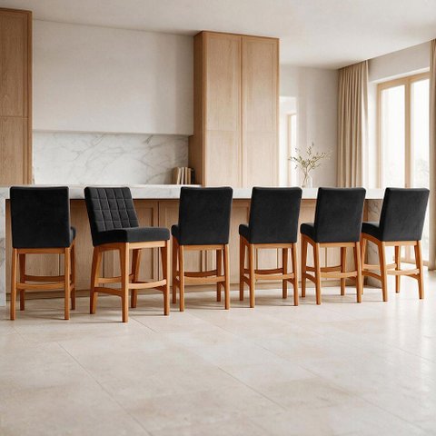 Kit 06 Banquetas Baixa Cozinha Bancada Bar Sala de Jantar Fixa Mila L02 Suede Preto - Lyam Decor Ban