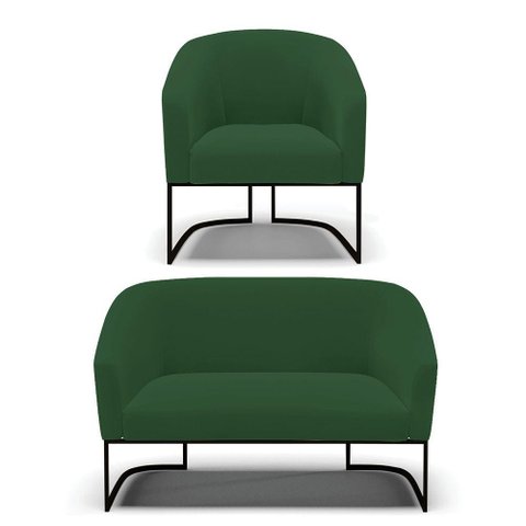 Sofá Namoradeira e Poltrona Base Industrial Preto Stella Veludo D03 - D'Rossi Cor Verde