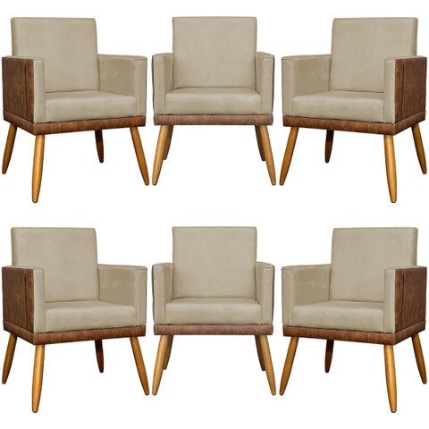 Kit 6 Poltronas Decorativas para Escritório Lis Corino e Suede Cores Pé 30cm