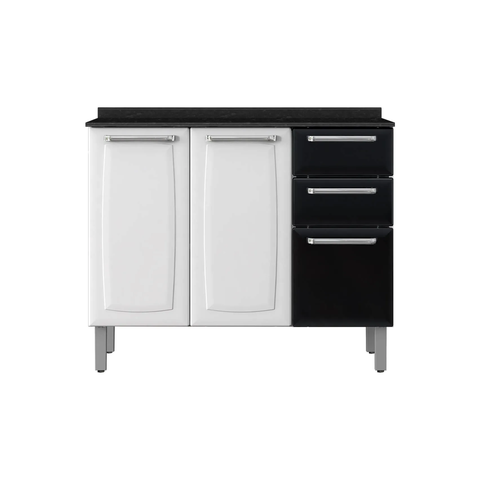 Balcão de Cozinha Itatiaia em Aço 105cm 3 Portas e 2 Gavetas Branco e Preto Luce