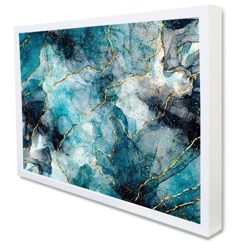 Quadro Decorativo Abstrato Mármore Azul em Moldura Caixa Tacolado Moldura Caixa 3cm Branca sem Vidro
