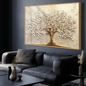Quadro Decorativo Árvore da Vida Folhas Delicadas Flores Brancas Sala Quarto Casa Escritório