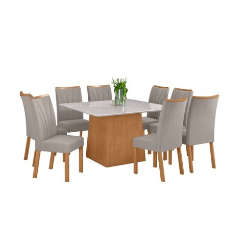 Conjunto Sala de Jantar Mesa Nevada 130 Tampo Vidro Off White com 8 Cadeiras Apogeu - Lopas Amendoa 