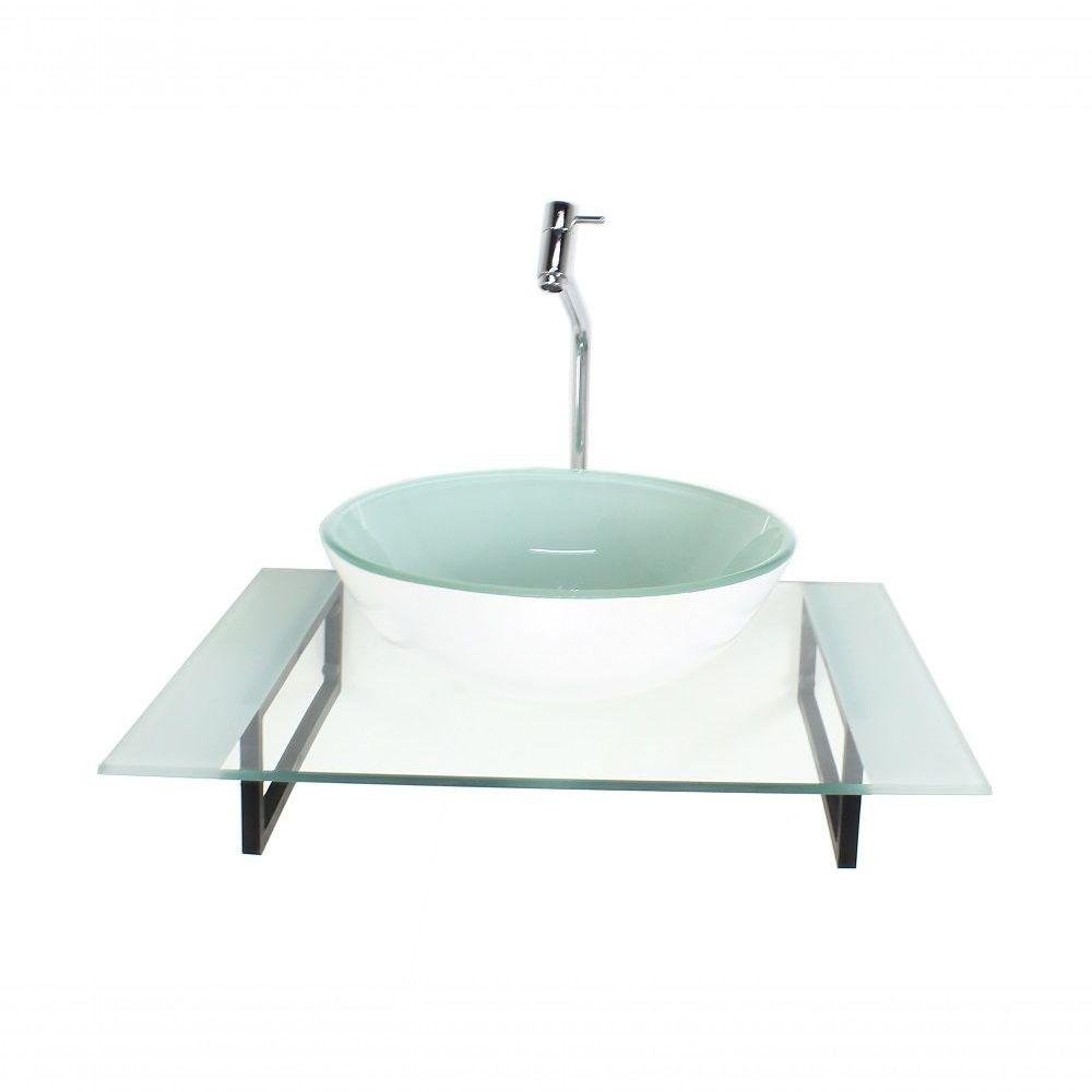 Cuba De Vidro Redonda Com Tampo 60cm Branco E Suporte Preto - 1