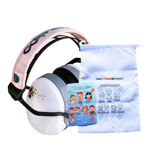 Abafador de Ruído para Autistas 26db Infantil Branco com Arco Rosa + Quebra-cabeça Emoções