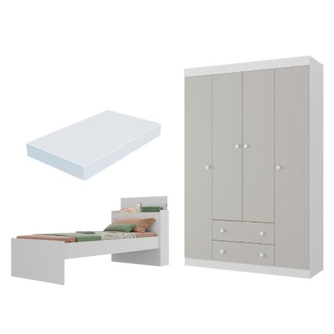 Jogo de Quarto Cama com Colchão Incluso e Guarda-Roupa 4 Portas 2 Gavetas Lira Multimóveis MP4839