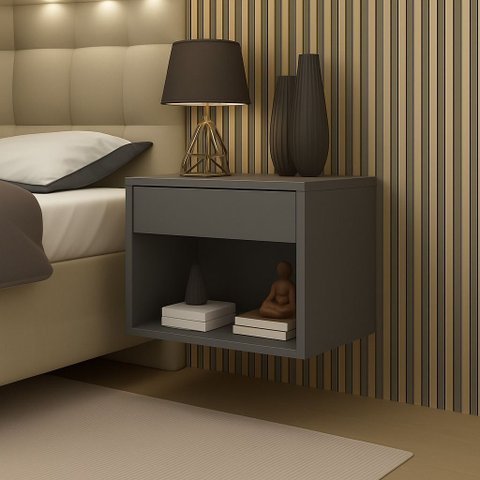 Mesa Cabeceira Suspensa com Nicho e 1 Gaveta Estilo Compacto:cinza