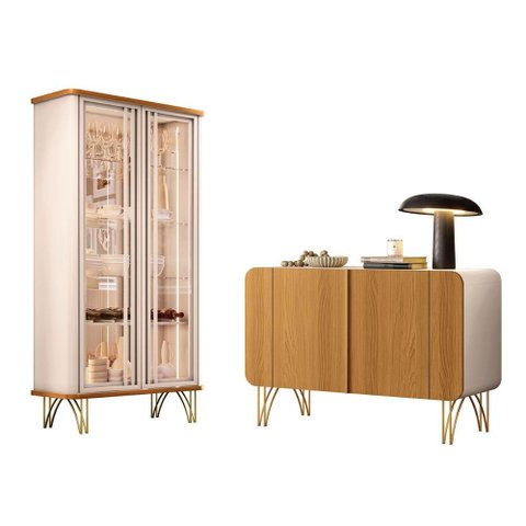 Kit de Aparador Buffet Benvenuto e Cristaleira Evora Pés de Aço Off White/cinamomo