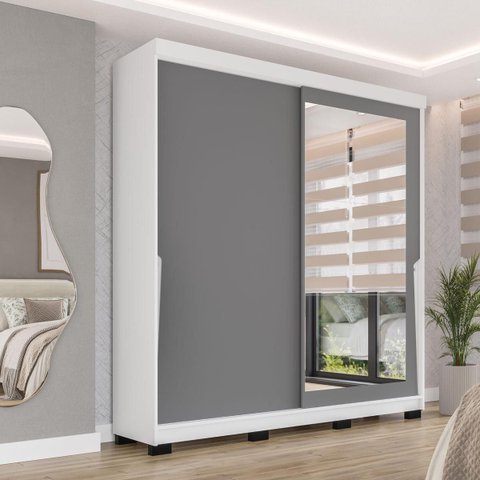 Roupeiro Porto 2 Portas de Correr com Espelho 177x213cm Branco/Cinza 240849