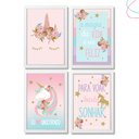 Ver imagem 1 de Kit com 4 Quadros Decorativos Infantil para Quarto Unicórnio:branca