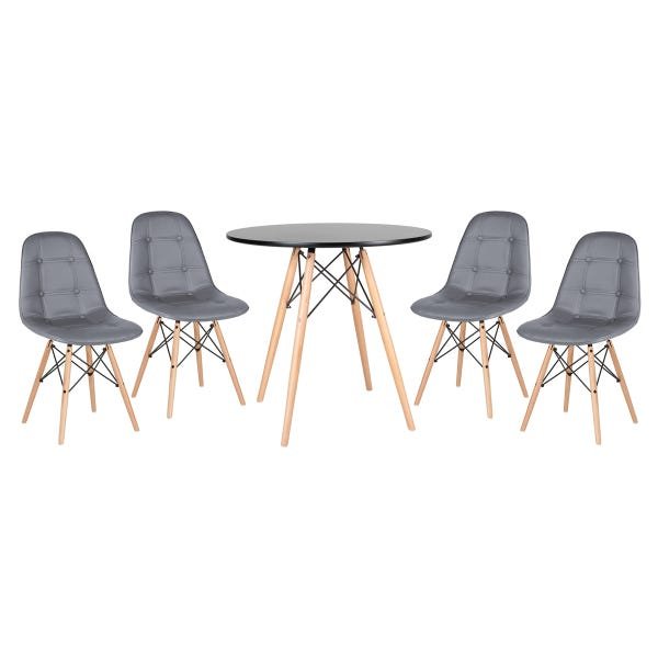 Conjunto de Mesa Eames 80cm Preto + 4 Cadeiras Eames Eiffel Botonê Cinza Escuro