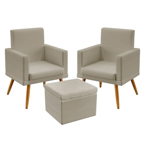 Kit 2 Poltronas Nina Rodapé e Puff Quasar Courino Bege Aradecor