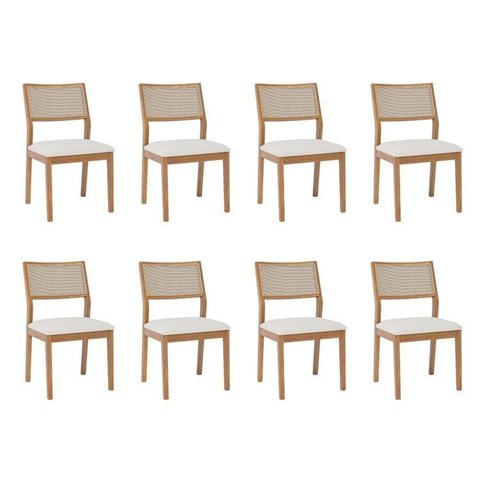 Kit 8 Cadeiras para Sala de Jantar Estofadas Oiti Bege/Madeira/Linho Cru