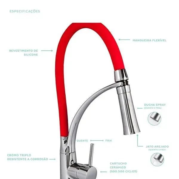 Torneira para cozinha Gourmet Misturador Monocomando Vermelha Solimões Pingoo.casa - 3