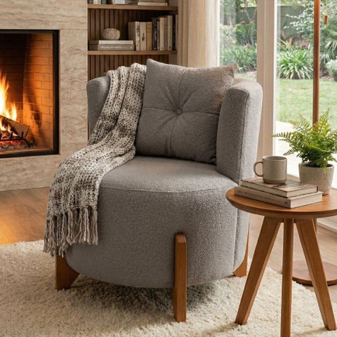 Poltrona Luna Sala Estar Curva Orgânica Boucle Cinza - Montanaris Decor